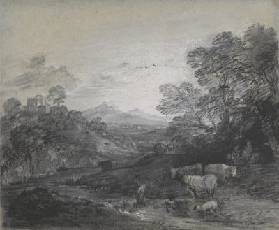 Boslandschap met herders en vee, gebouwen op een heuvel en rustieke geliefden door Thomas Gainsborough